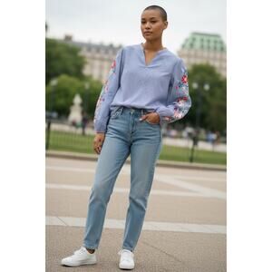 talbots striped embroidered sleeve blouse size S